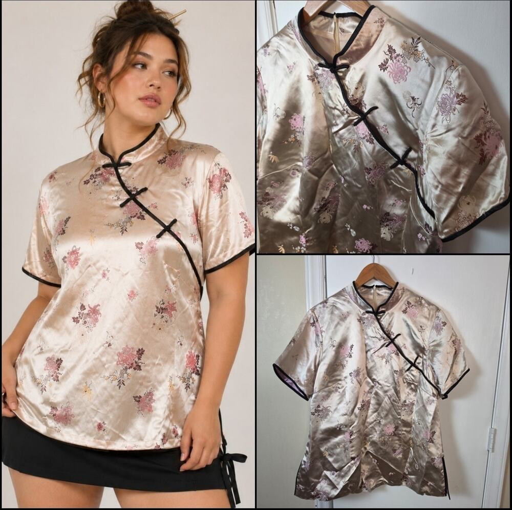 Robbie Bee Satin Cheongsam Mandarin Top Sz 18W Zip Back Closure Asian Blouse